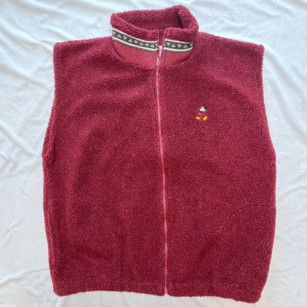 Men’s XL Maroon Sherpa Vest with Mickey Mouse – Disney Cozy & Stylish